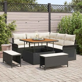 Conjunto de Sofá de Jardim de 8 Peças com Almofadas Preto Rattan Poliéster Acácia