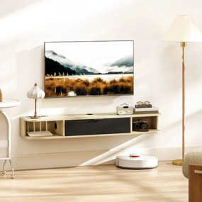 Móvel de TV suspenso 120 x 24 x 16 cm, móvel para televisores até 50 polegadas, com gaveta rebatível e 2 prateleiras, preto e castanho