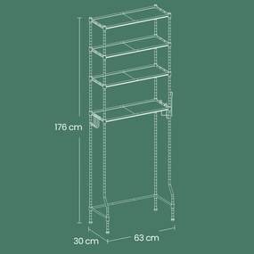 Estante para casa de banho sob sanita 30 x 63 x 176 cm com 4 prateleiras e ganchos, cinzento