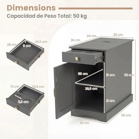 Mesa de cabeceira, mesa de apoio 35 x 60 x 62 cm com estação de carregamento com gaveta, armário e estante ajustável cinza