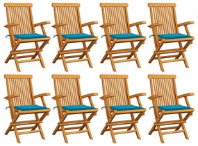Cadeiras de jardim c/ almofadões azuis 8 pcs teca maciça