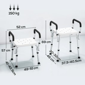 Banco de duche para idosos e pessoas com deficiência 52 (L) x 45 (P) x 57-69 (A) cm, com apoios de braços, altura ajustável, patins antiderrapantes, b