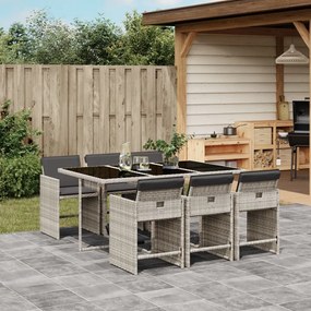 vidaXL 7 pcs conj. jantar p/ jardim c/ almofadões vime PE cinza-claro