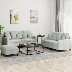 3201710 vidaXL 3 pcs conjunto de sofás com almofadões veludo cinzento-claro