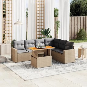 7 pcs conjunto de sofás p/ jardim com almofadões vime PE bege