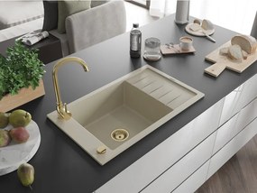 Mexen Elias lava-louça em granito com 1 bacia e escorredor 795 x 480 mm, bege, sifão dourado - 6511791005-69-G