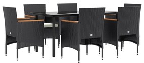 7 pcs conjunto de jantar para jardim com almofadões preto