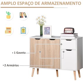 Aparador Móvel Auxiliar de Armazenamento com 2 Armários de Porta Gaveta Pés de Madeira para Sala de Estar Cozinha Dormitório 90x30x72cm Natural e Bran