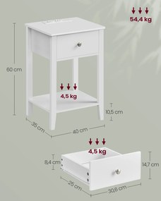 Mesa de cabeçeira com com 2 tomadas e 2 portas USB-A e gaveta Branca