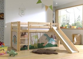 Cama alta de Criança PINO 90 x 200 cm + estrado + escada + escorrega + cortina Dinossauros Natural
