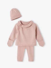 Conjunto em tricot, casaco + leggings + gorro, para bebé malva