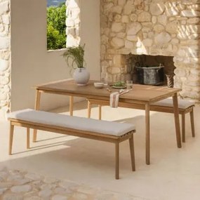 Conjunto De Mesa Retangular 180x90 Cm E 2 Bancos De Jardim Em Madeira De Acácia Kaela Marrom Acácia Claro & Tecido Gardénia Branco - Sklum