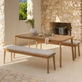 Conjunto De Mesa Retangular Kaela, 180x90 Cm, E 2 Bancos De Jardim Feitos De Madeira De Acácia. Tecido Gardénia Branco - Sklum