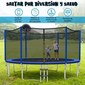 Trampolim para exterior com cesto Basquetebol 366 cm, carga máxima 180 kg, 72 molas, rede de segurança Azul