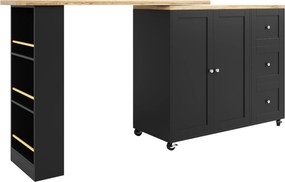 Ilha de cozinha extensível giratória 360°, com 3 gavetas, 2 portas e prateleira lateral para petiscos, 135-203C x 39L x 106A cm, Preto