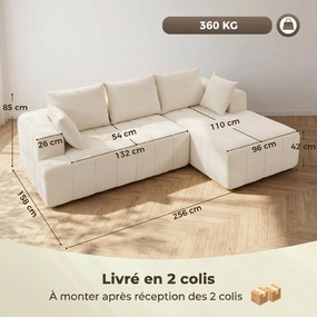 Sofá-Cama de Canto com Chaise Longue, 256 x 158 x 85 cm, Assento com Molas Ensacadas, Bege