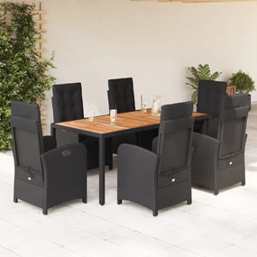 vidaXL 7 pcs conjunto de jantar p/ jardim c/ almofadões vime PE preto