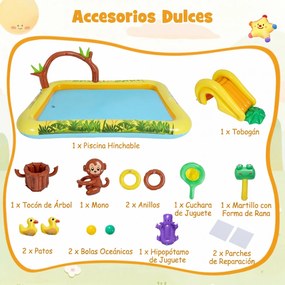 Piscina insuflável infantil 207 x 168 x 77 cm com escorrega e jato de água em forma de arco com animais, centro de jogos aquáticos para exterior Multi