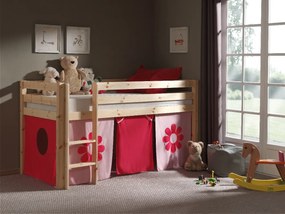 Conjunto Cama alta de Criança PINO 90 x 200 cm + estrado + escada + cortina Flores Natural
