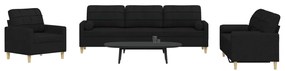 3 pcs conjunto de sofás com almofadas decorativas tecido preto