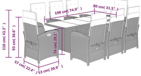 9 pcs conjunto de jantar p/ jardim c/ almofadões vime PE preto