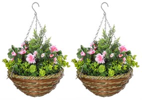 Outsunny Conjunto Plantas Lisianthus Suspensas Artificiais Vaso Correia Decoração Elegante Interior Exterior Ø25x34 cm Rosa Verde | Aosom Portugal