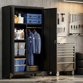 Armário cacifo metálico com varão para pendurar roupa, 2 portas, 5 compartimentos 80 x 40 x 165 cm Preto