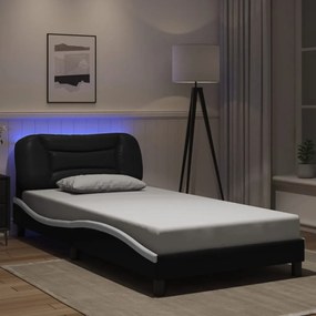 Estrutura cama c/ luzes LED 100x200cm couro artif. preto/branco