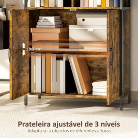 Estante de 6 Níveis Estante de Livros com Compartimentos Abertos 2 Portas Estilo Industrial 75x34x172 cm Castanho Rústico