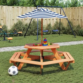 vidaXL Mesa de piquenique para 6 crianças com guarda-sol abeto maciço