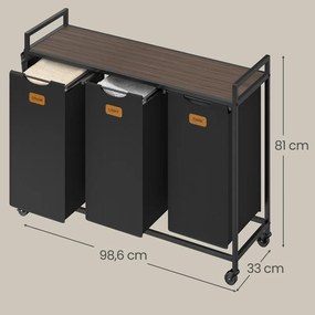 Cesto da roupa suja 98,6 x 33 x 81 cm com 3 sacos para roupa suja com um total de 150 L Preto-castanho cinza