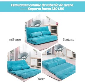 Sofá-cama chão Multifuncional Ajustável em 6 Posições com 2 Almofadas Forro de Camurça para Quarto Sala Varanda Azul