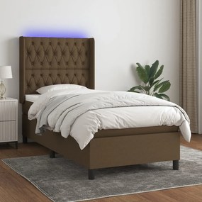 Cama box spring c/ colchão/LED 90x190 cm tecido castanho-escuro