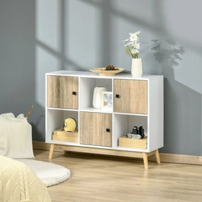 Móvel de arrumação com 9 cubos, 3 portas e 3 compartimentos abertos, pés em madeira de pinho 96 x 30 x 75 cm, branco e natural