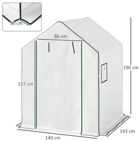 Estufa de Jardim Pequena de 3 Níveis com 6 Prateleiras Porta Enrolável e Capa de PE 140x143x190 cm Branco