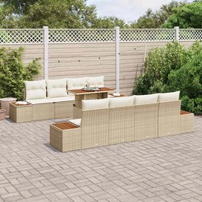 Conjunto de Jardim com 9 Peças e Almofadas Bege em Rattan, Poliéster e