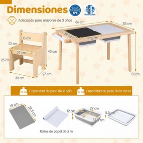 Conjunto de Mesa de Atividades Infantil com 2 Cadeiras, 86 x 55 x 51 cm, Multifuncional 6 em 1, Natural