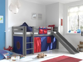 Conjunto Cama alta de Criança PINO 90 x 200 cm + estrado + escada + escorrega + cortina Domino Cinzenta