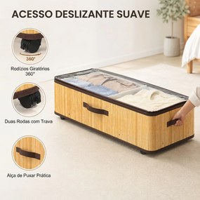 Conjunto de 2 Caixas de Arrumação para Debaixo da Cama com Rodas, 60 L, Tampa Transparente e Asa, Estrutura Metálica, 78,5x43x23 cm, Natural