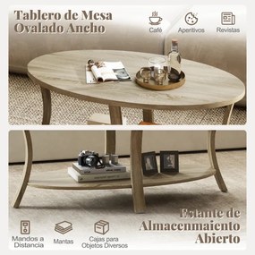 Mesa de Centro Oval 2 níveis 111 x 60,5 x 47 cm com prateleira de armazenamento natural
