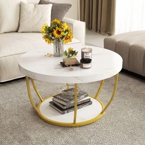 Mesa de centro redonda 80 cm de 2 níveis com arrumação com Estrutura metálica para sala de estar Branca