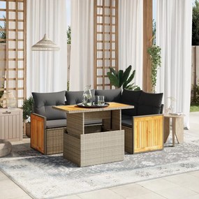 5 pcs conjunto sofás de jardim c/ almofadões vime PE cinzento