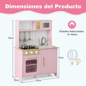 Cozinha de brincar para crianças de madeira 60 x 30 x 85 cm com luzes, sons, micro-ondas, fogão, lava-louças, forno e acessórios Rosa