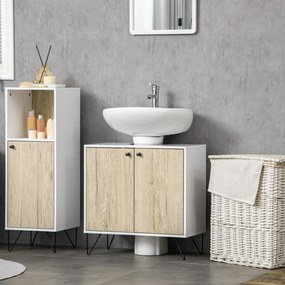 Móvel para lavatório (NÃO INCLUIDO), móvel de casa de banho com 2 portas, pés em aço, 60 x 30 x 60 cm, branco e madeira natural