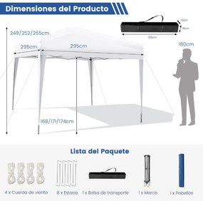 Tenda dobrável 3 x 3 m com bolsa de transporte para jardim, toldo pop-up com altura ajustável para praia, campismo, jardim, feiras Branca