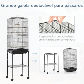 Gaiola para Passáros com Suporte Gaiola Metálica de Aves Canários com 4 Rodas Portas 4 Comedouros 3 Poleiros Bandeja Removível e Prateleira Inferior 4