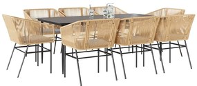 Conjunto jantar jardim 9 peças almofadas vidro vime PE castanho