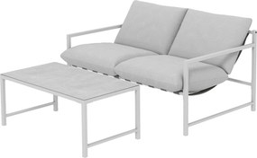 Conjunto de jardim de 2 peças, sofá com almofadas, mesa de centro em vidro temperado com efeito mármore 3D, 125 x 80 x 64 cm, cinzento claro