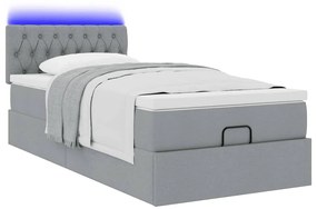 Cama Otomana com colchão &amp; LEDs 90x200 cm tecido cinzento claro