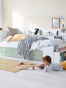 Cama com plataforma e arrumações, para criança, BASEO azul-acinzentado